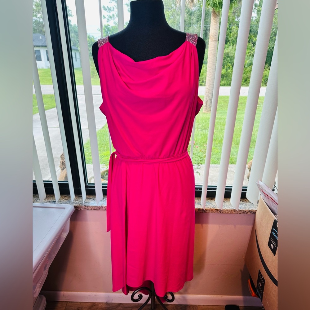 Luxology Woman Pink Sleeveless Bling Straps Hi/Low Evening Party Dress, Size XL